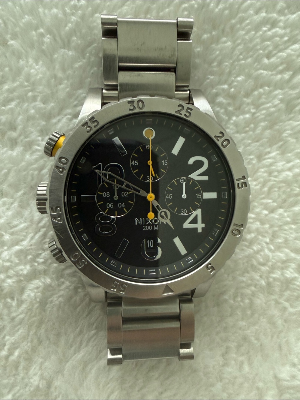 Nixon Stainless Steel Chronograph Watch - Black and Yellow Accents. 48-20 Chrono